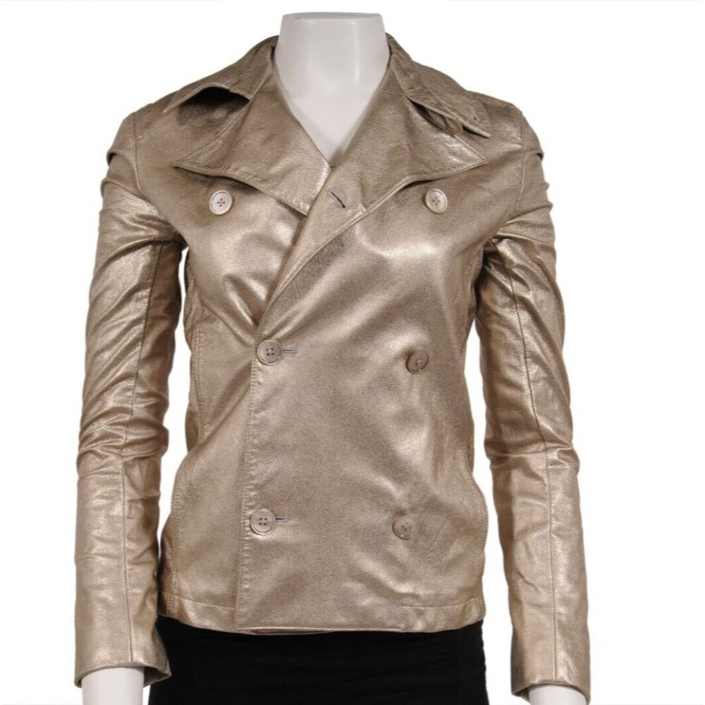 Ralph Lauren Collection Purple Double Breasted Jacket Medium Gold Leather Coat